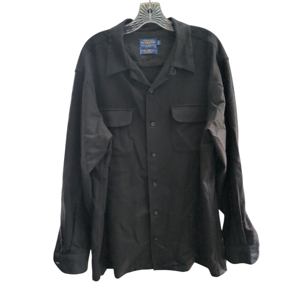 Pendleton Board Shirt Jac Mens Black Virgin Wool L LONG Vintage Loop Collar USA